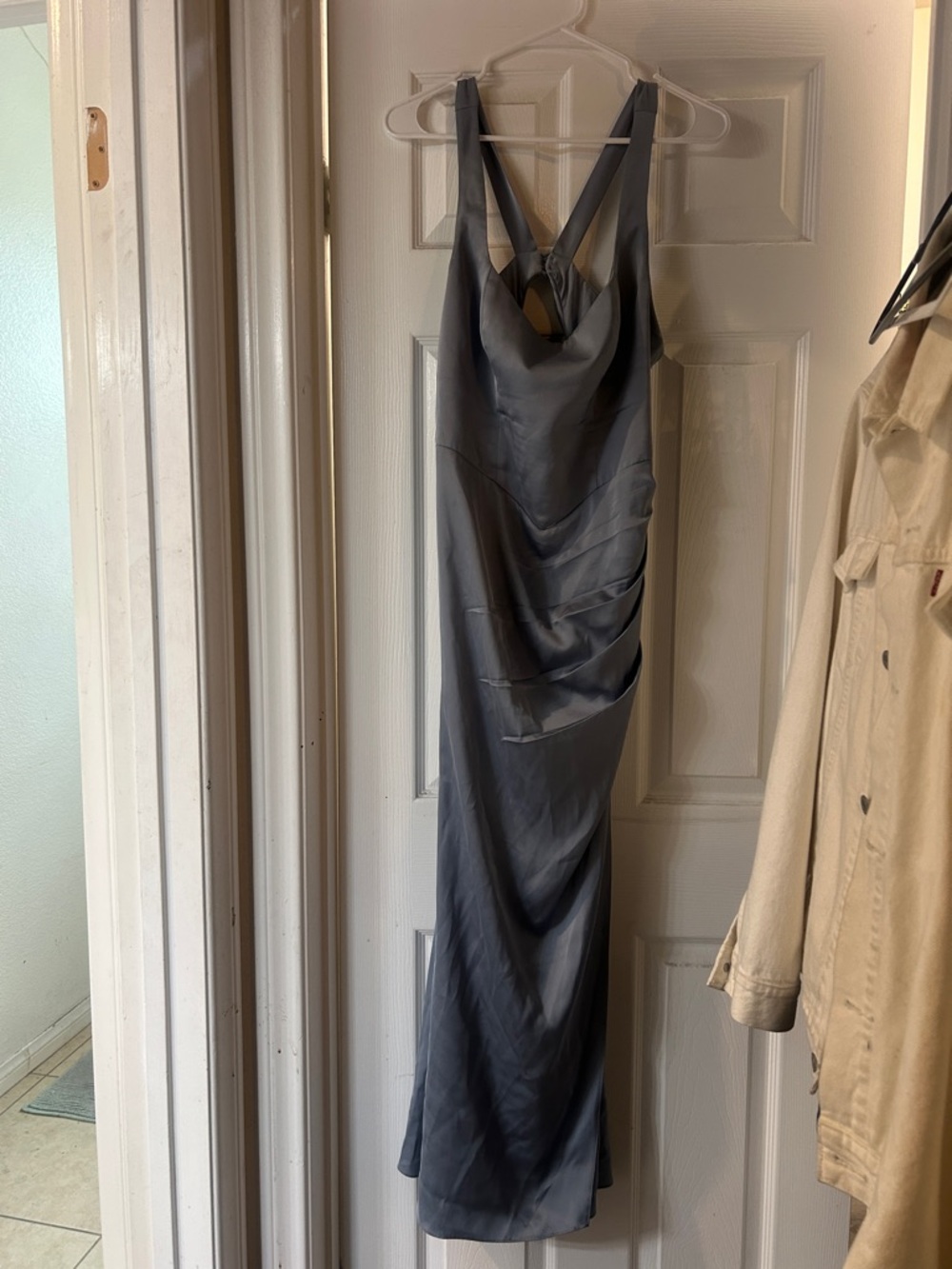 Azazie Satin Cowl Slip Maxi Dress in Charcoal